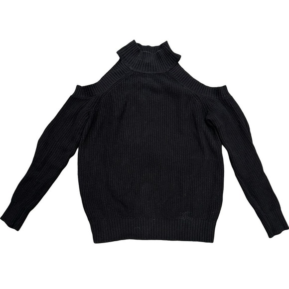 INC Black Shoulder Cut out Cotton Blend Chunky Sweater Turtleneck Medium - Picture 1 of 5